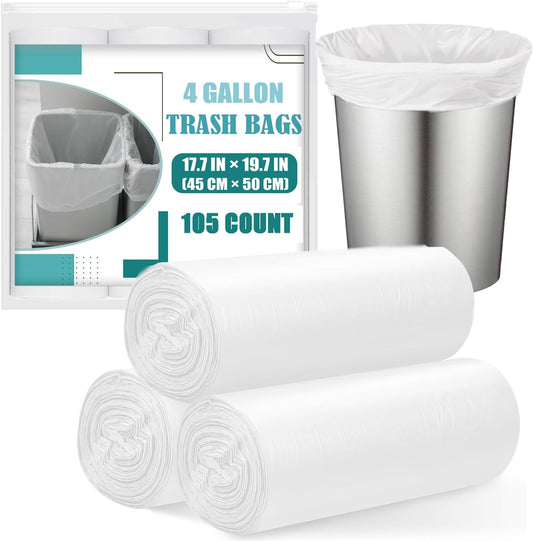 Small Trash Bags 4 Gallon - 105 Count 4 Gallon Trash Bag. Unscented Small Garbage Bags Bathroom Trash Bags. White 4 Gal Small Trash Can Liners