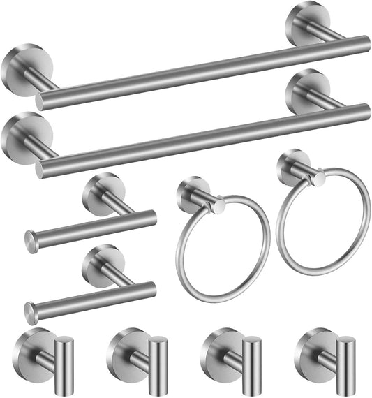 Bathroom Hardware Set 10 Pieces. Stainless Steel Towel Bar Set Includes 16 inch Towel Bar. Towel Hook. Towel Ring Toilet Paper Holder