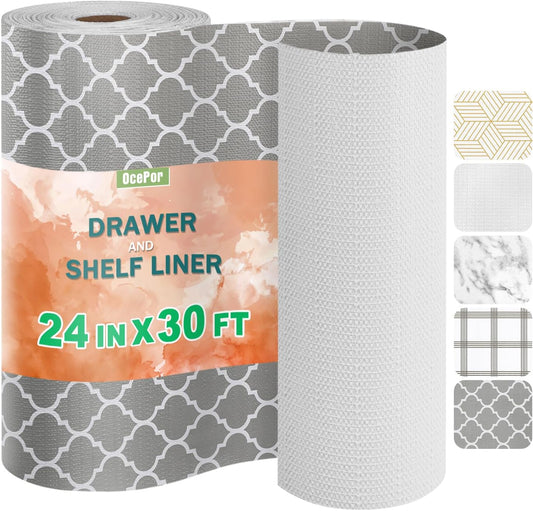OcePor Non-Adhesive Drawer and Shelf Liner 24IN x 30FT .Non Slip Cabinet and Cupboard Liner. Kitchen Cabinet Liners for Shelves. Waterproof Drawer Shelf Liners for Cabinets/Bathroom Cupboard