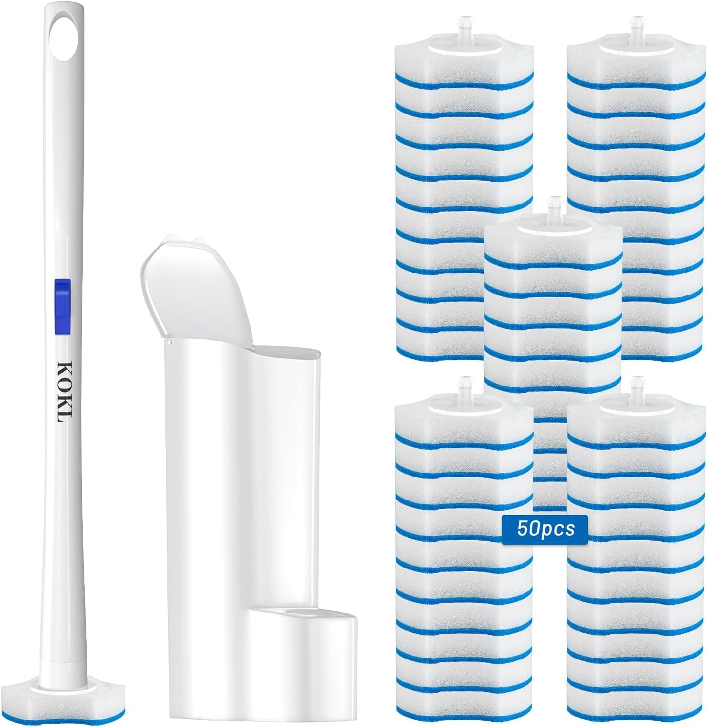 KOKL Disposable Toilet Brush. Toilet Bowl Cleaner Brush with 50PCS Toilet Brush Refills. Toilet Cleaner Refill Pads. Disposable Toilet Bowl Brush and Storage Caddy for Bathroom Cleaning(1-Set)