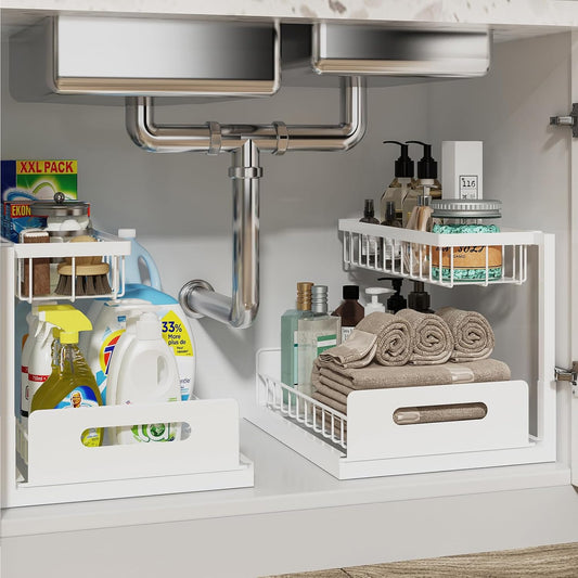 REALINN Under Sink Organizer. Pull Out Cabinet Organizer 2 Tier Slide Out Sink Shelf Cabinet Storage Shelves. Storage for Kitchen Bathroom. White. 2 Pack