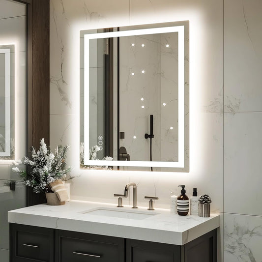 32x 24 LED Bathroom Mirror with Lights. Dimmable. Double Lights. Backlit + Front Lit. 3 Colors Led Mirror for Bathroom. Lighted Bathroom Vanity Mirror. Tempered Glass(Horizontal/Vertical)