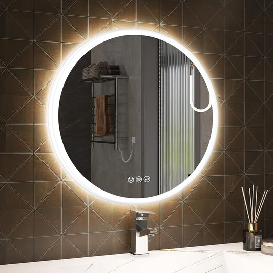S¡¤BAGNO 24'' Round Bathroom Mirror with Lights. LED Bathroom Vanity Wall Mirror with Anti-Fog. Stepless Dimmable. 3 Colors. Tempered Glass Lighted Vanity Smart Mirror for Bathroom(No Bluetooth)
