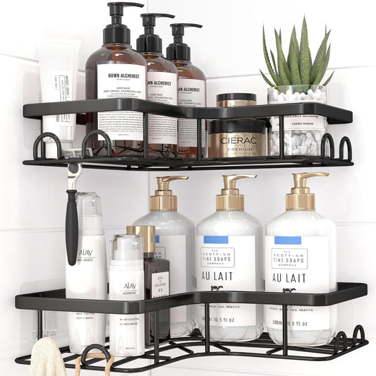 Corner Shower Caddy - 2 Pack. Adhesive Shower Organizers. Rustproof Stainless Steel Shower Shelves with 8 Hooks. No Drilling Bathroom Organizers and Storage Racks. Space-Saving. Black.Medium