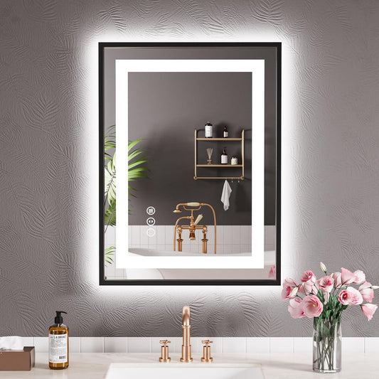 LED Bathroom Mirror.24x32 Black Frame Led Mirror. Front Light and Backlit. Stepless Dimmable. Anti-Fog. Shatter-Proof. Memory. 3 Colors. Double LED Vanity Mirror